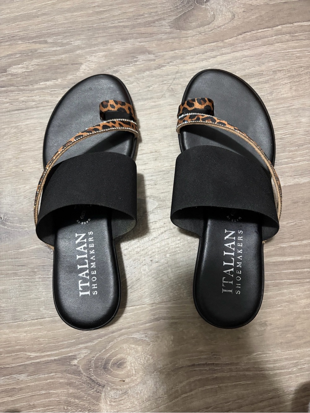 Italian Shoemakers Black Slides with Leopard-Print Straps